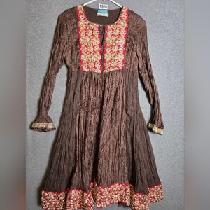Brown Long Sleeve Dress Medium with Red and Gold Embroidery Whimsigoth Romantic